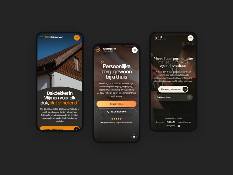 Mobiele websites van Slimdakwerken, Thuiszorg Lorin en MHP Kliniek