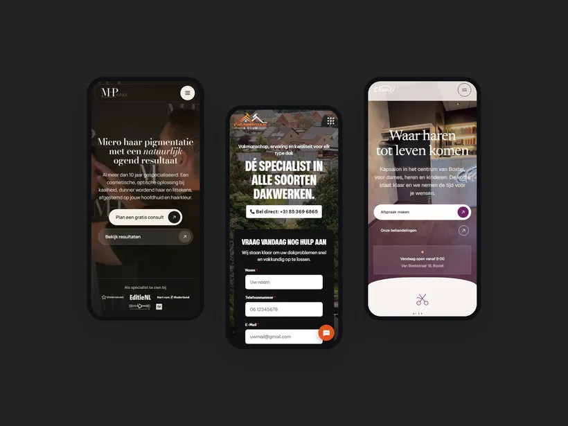 Mobiele websites van MHP Kliniek, KVO Daktotaal & Bouw en Ciseaux