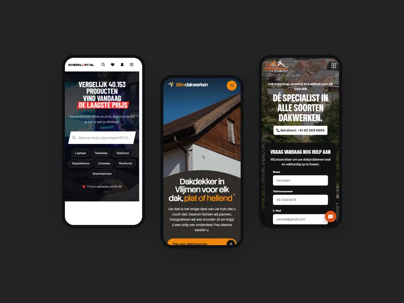 Mobiele websites van Overklokt, Slimdakwerken en KVO Daktotaal & Bouw