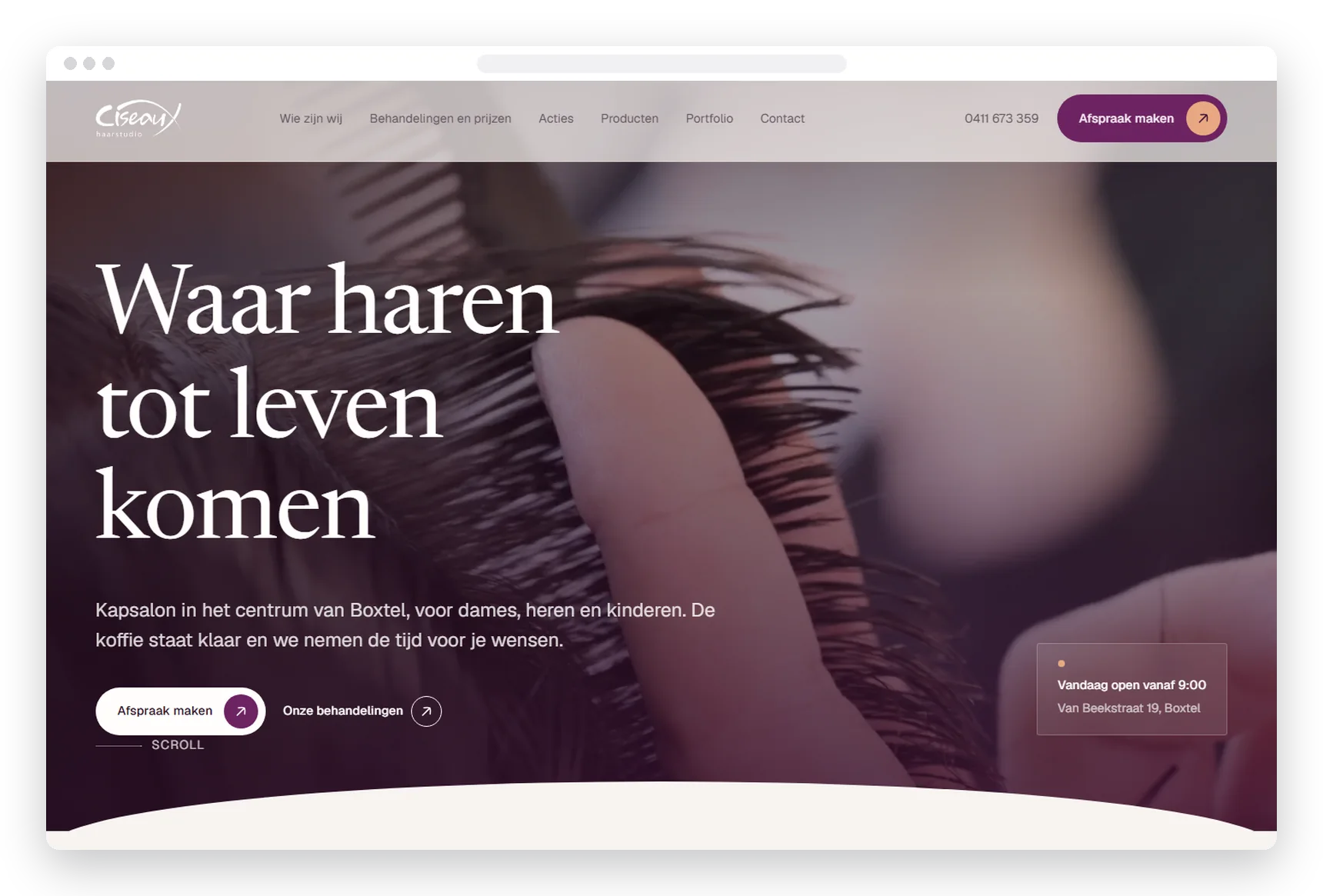 Homepage van de website die TOOX maakte voor Ciseaux, kapsalon in Boxtel