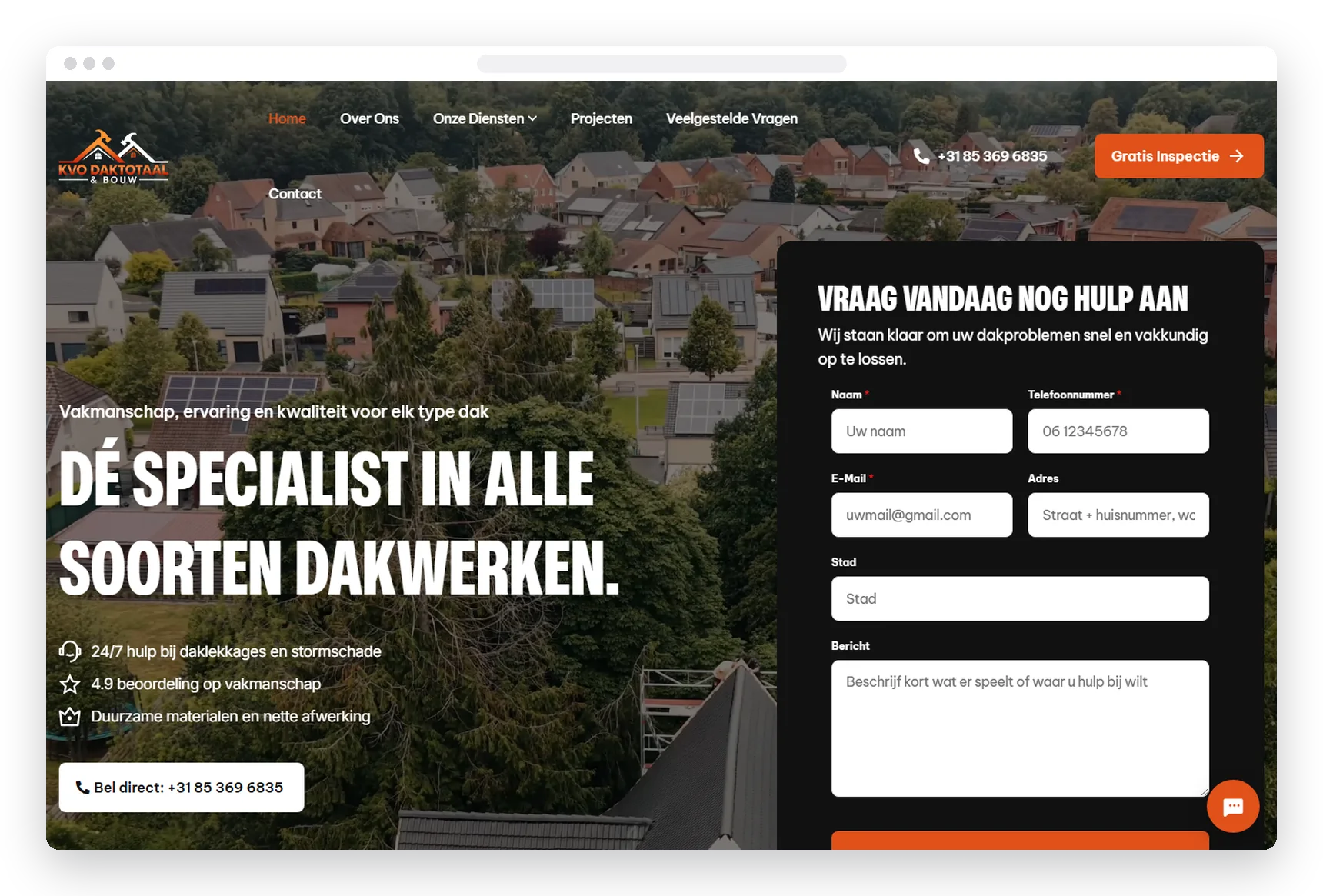Homepage van de website die TOOX maakte voor KVO Daktotaal & Bouw, dakdekker in Regio Utrecht