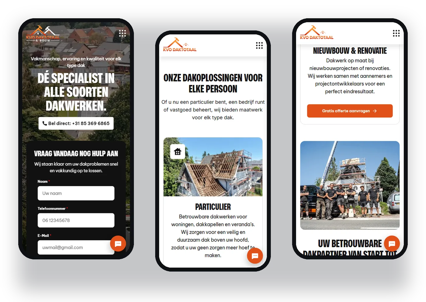 Mobiele weergave van de website van KVO Daktotaal & Bouw