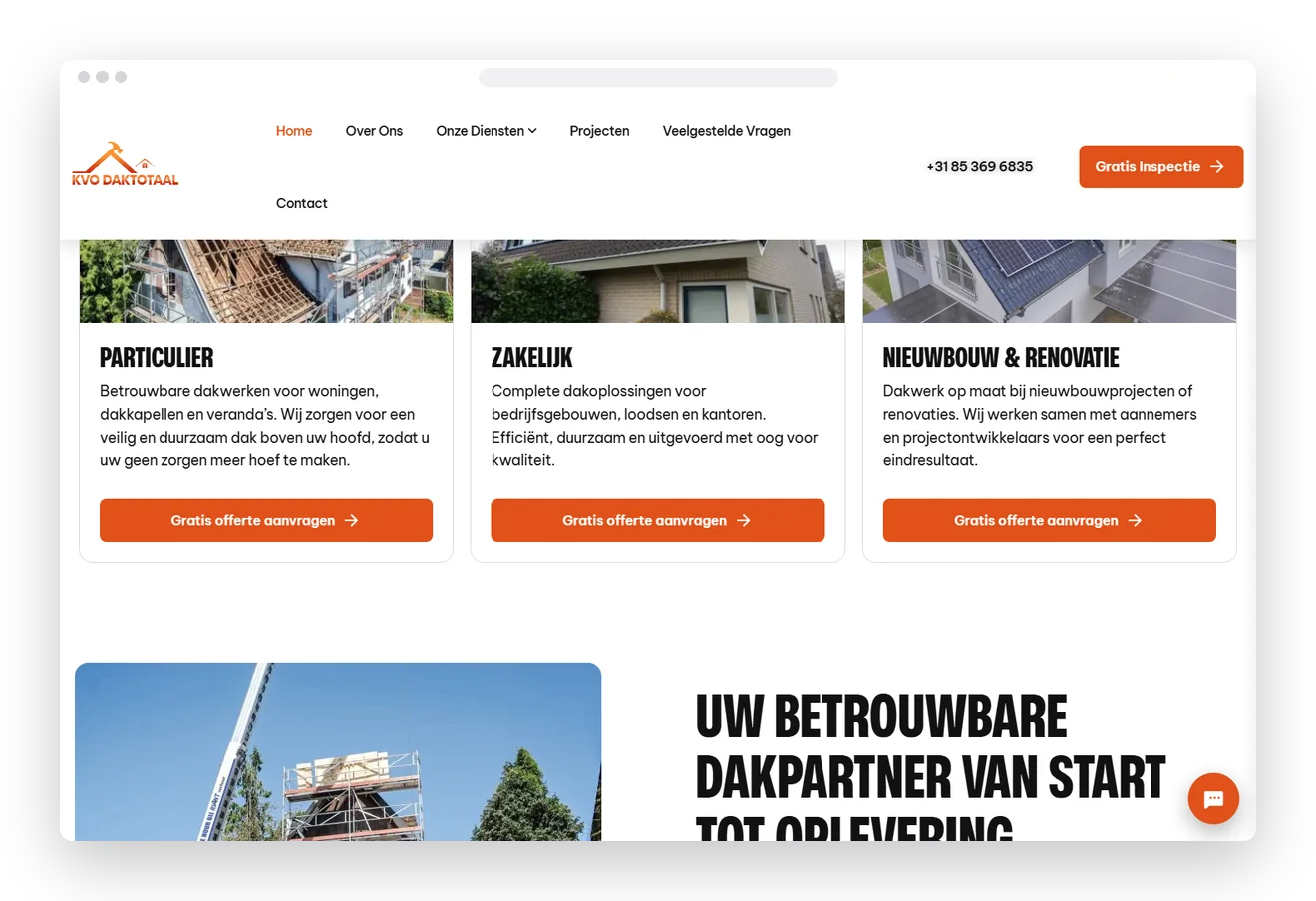 Sectie uit de nieuwe website van KVO Daktotaal & Bouw op desktop