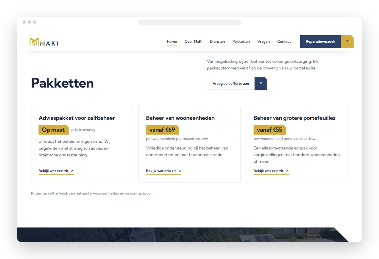 De drie beheerpakketten van MaKi met hun vanafprijs per wooneenheid