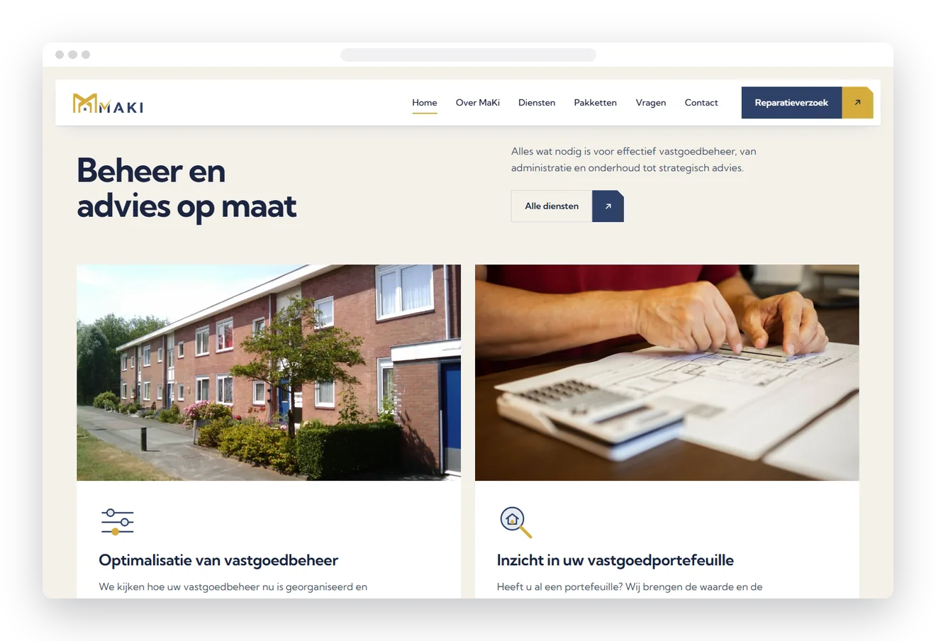 Sectie uit de nieuwe website van MaKi Beheer op desktop