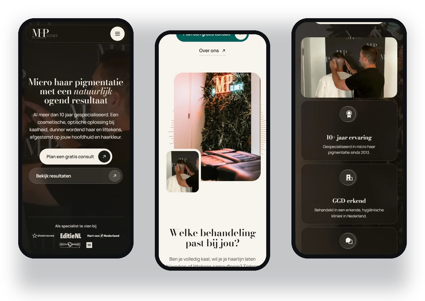 Mobiele weergave van de website van MHP Kliniek