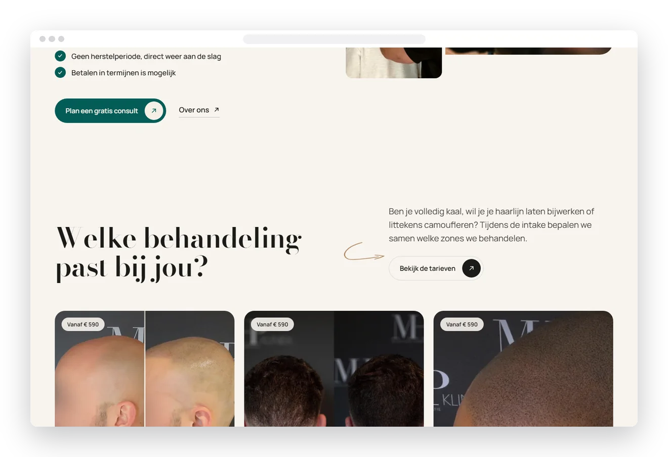 Sectie uit de nieuwe website van MHP Kliniek op desktop