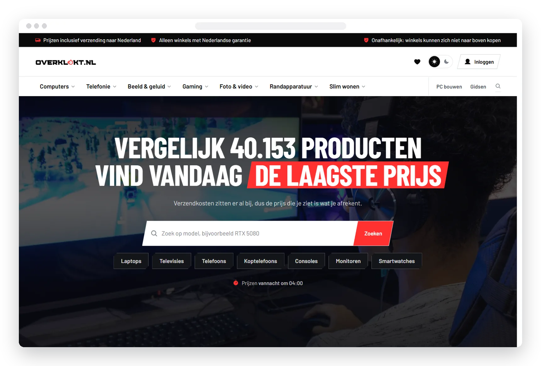 Homepage van de website die TOOX maakte voor Overklokt, prijsvergelijker in Nederland