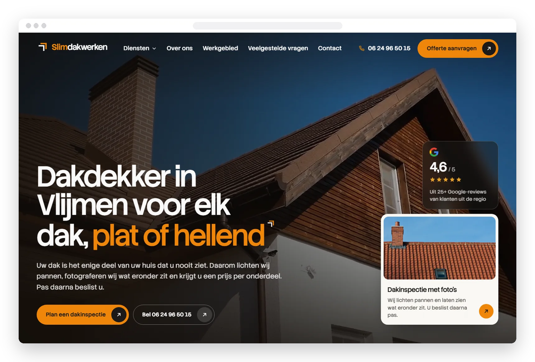 Homepage van de website die TOOX maakte voor Slimdakwerken, dakdekker in Vlijmen