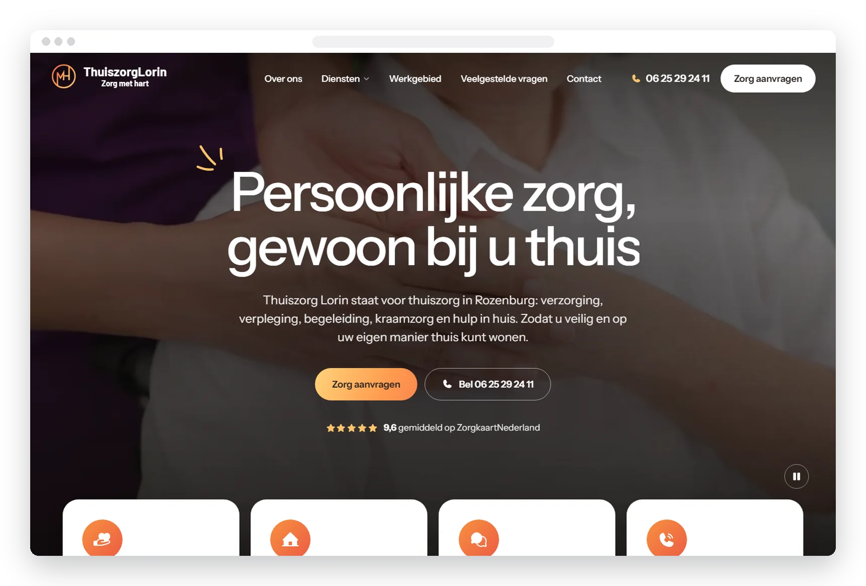 Homepage van de website die TOOX maakte voor Thuiszorg Lorin, thuiszorg in Rozenburg