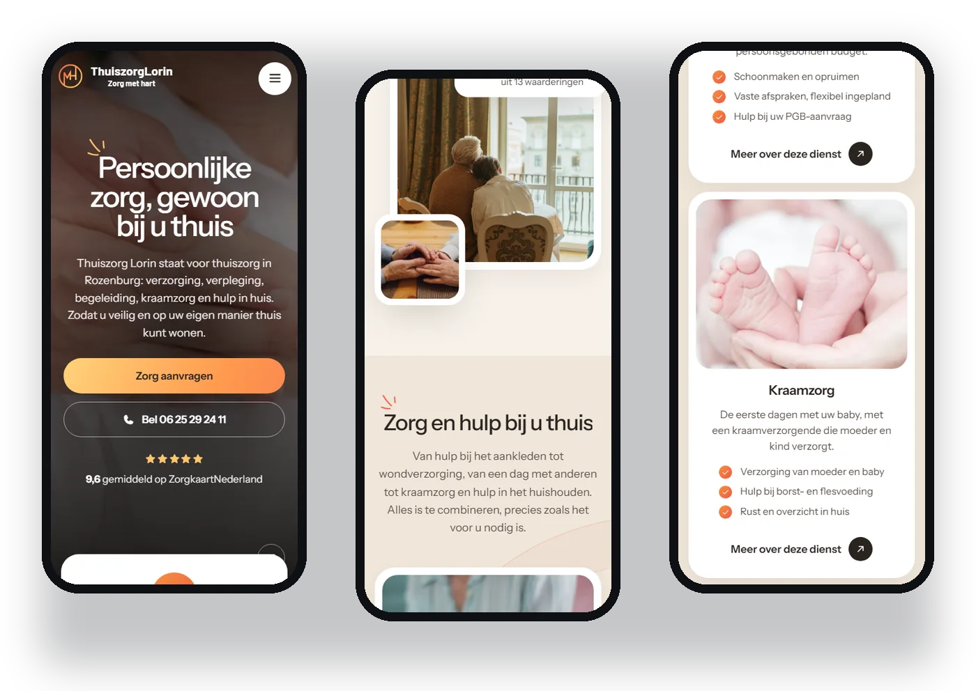 Mobiele weergave van de website van Thuiszorg Lorin