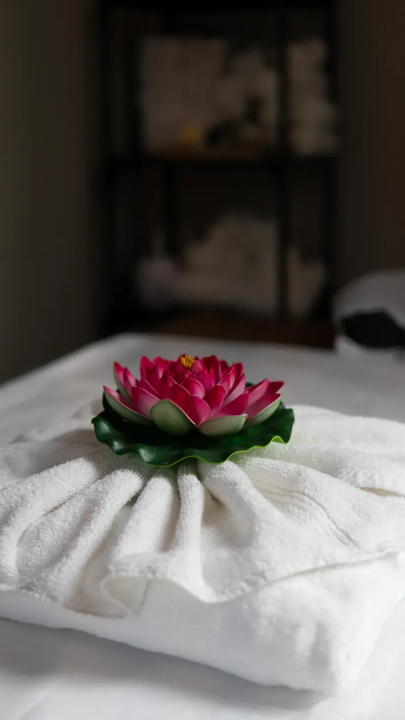 Roze lotusbloem op een opgevouwen witte handdoek op een behandeltafel