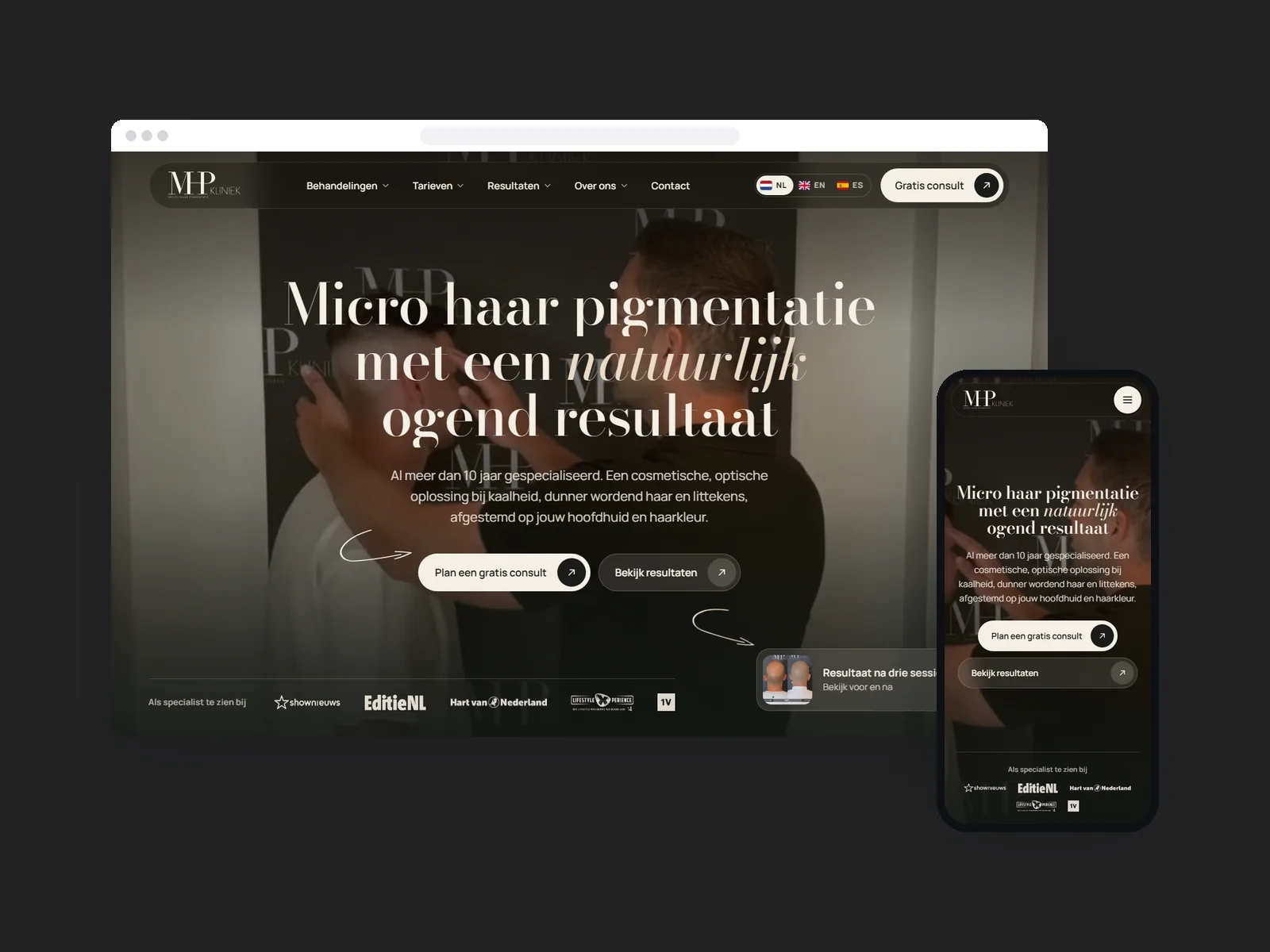 Website van MHP Kliniek met een duidelijke consultknop
