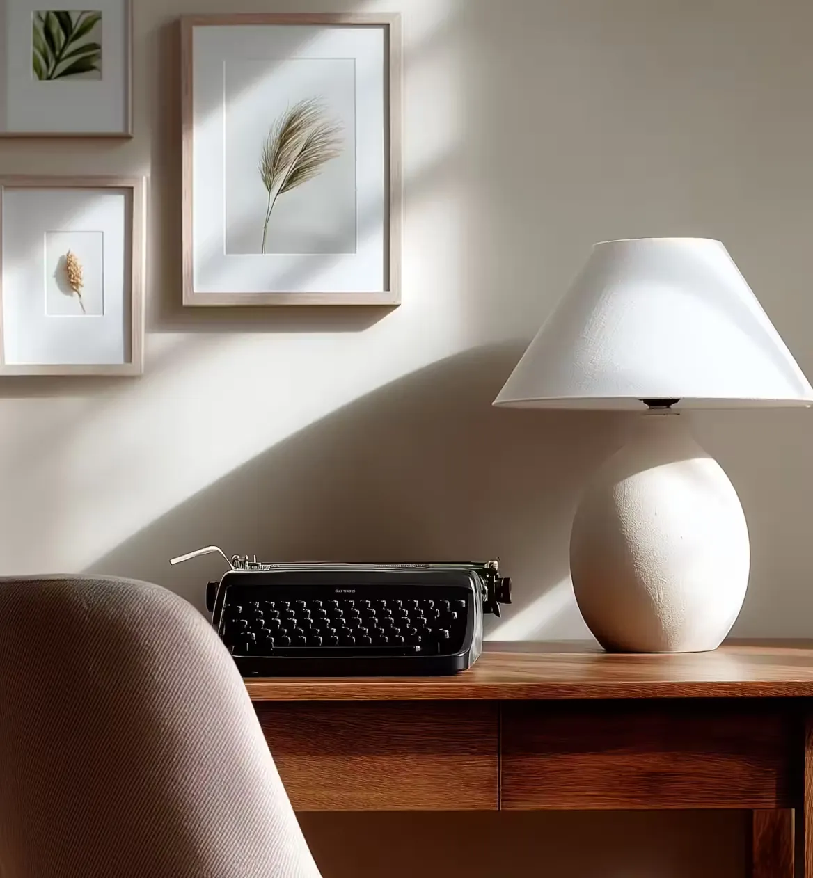 Bureau met typemachine en lamp in zacht ochtendlicht