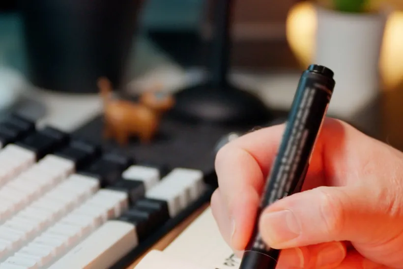Hand die met een pen taken afvinkt in een notitieboek naast een toetsenbord