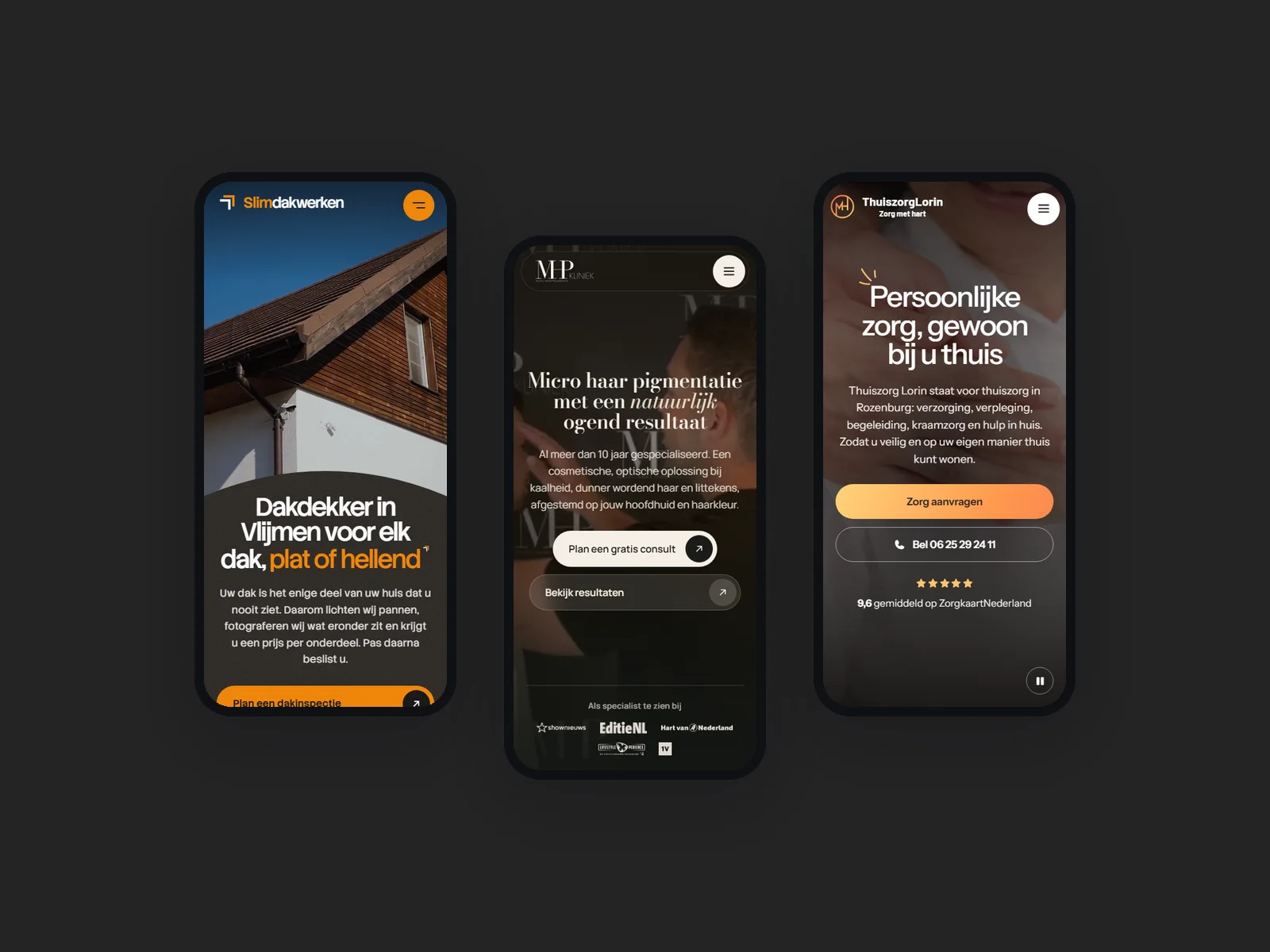 Drie mobiele websites naast elkaar op een donkere achtergrond